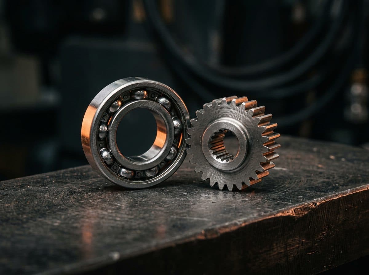 Stalen kogellager en tandwiel op een donker metalen werkblad