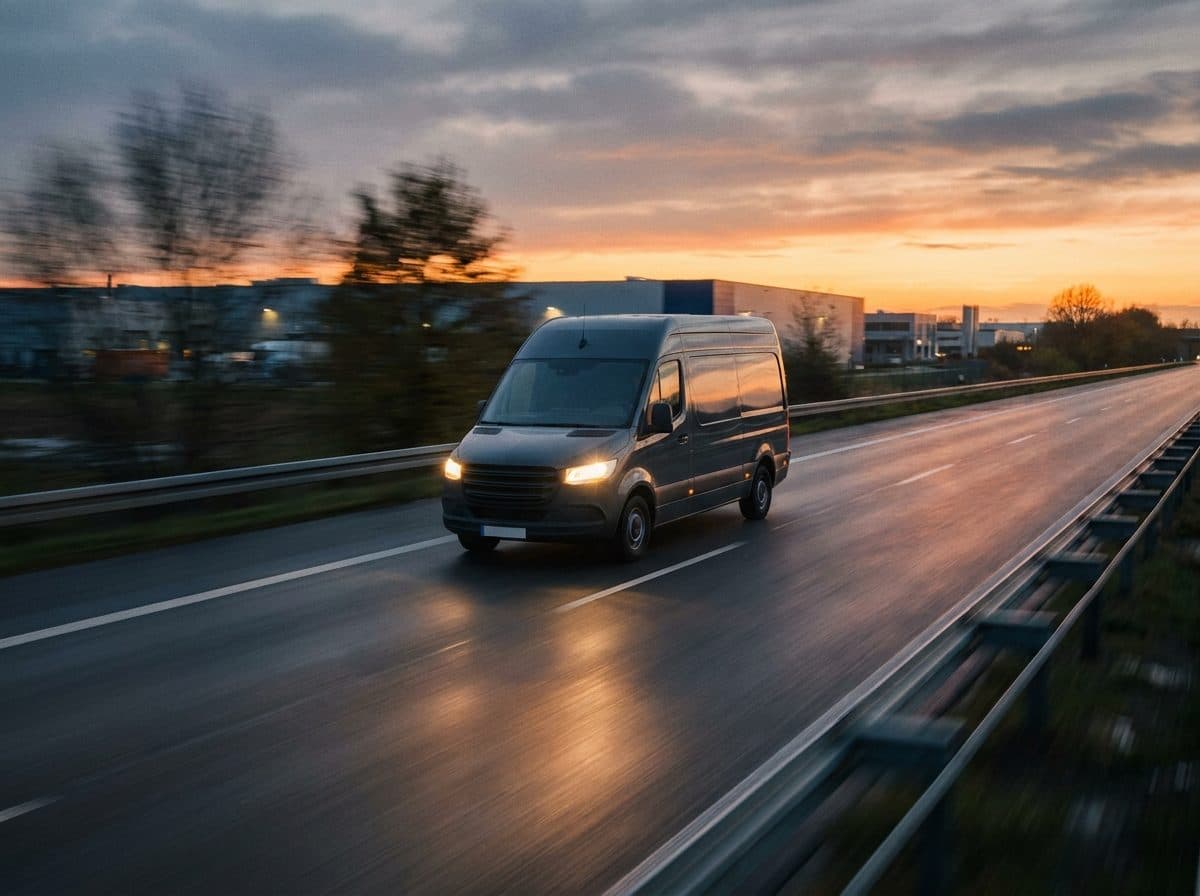 Koeriersbus op een Europese snelweg in de schemering