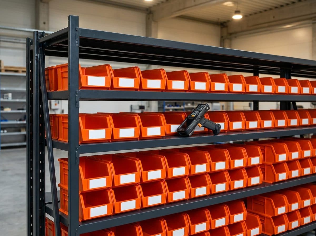 Magazijnmedewerker scant voorraadbakken in een stelling